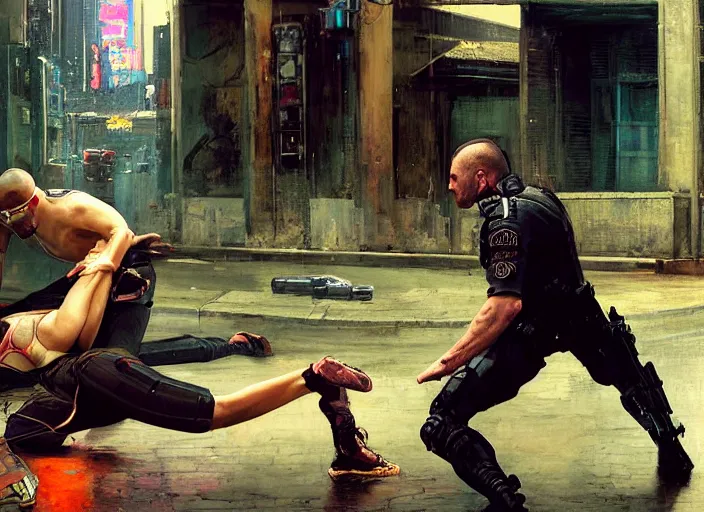 Prompt: Sophia evades sgt Griggs. Athletic Cyberpunk hacker defeating Menacing Cyberpunk police trooper griggs. (dystopian, police state, Cyberpunk 2077, bladerunner 2049). Iranian orientalist portrait by john william waterhouse and Edwin Longsden Long and Theodore Ralli and Nasreddine Dinet, oil on canvas. Cinematic, vivid colors, hyper realism, realistic proportions, dramatic lighting, high detail 4k