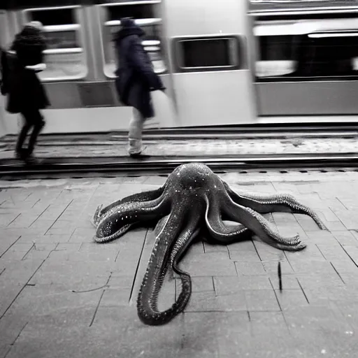 Prompt: of an octopus invading a train station, people are running away scared, shutter speed is 8 0,