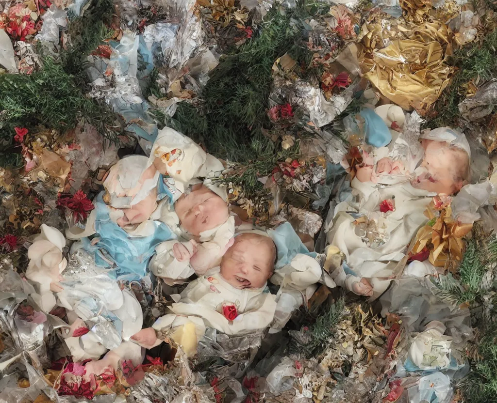 Image similar to Two twin babies in a gift box, christmas lights, photo realistic, award winning photograph, very detailed, art by Studio Ghibli