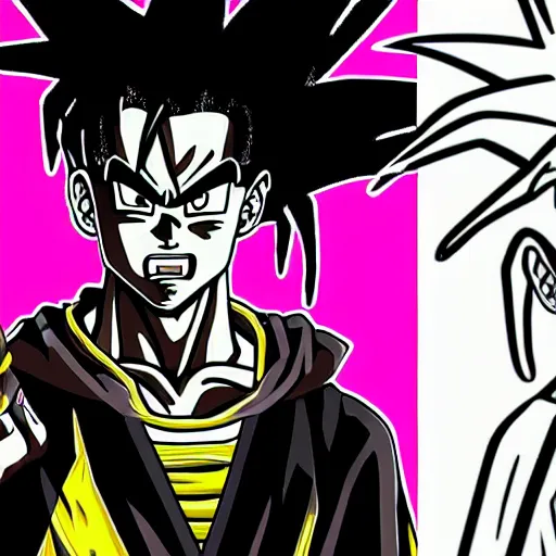 Image similar to denzel curry drawn in the style of dragon ball z, highly detailed, shading, bloom lighting