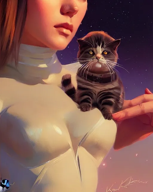 Image similar to a potrait of a space fanstasy cat, fine details. night setting. realistic shaded lighting poster by ilya kuvshinov katsuhiro, artgerm, jeremy lipkin and michael garmash, unreal engine, radiant light, detailed and intricate environment, digital art, trending on art station