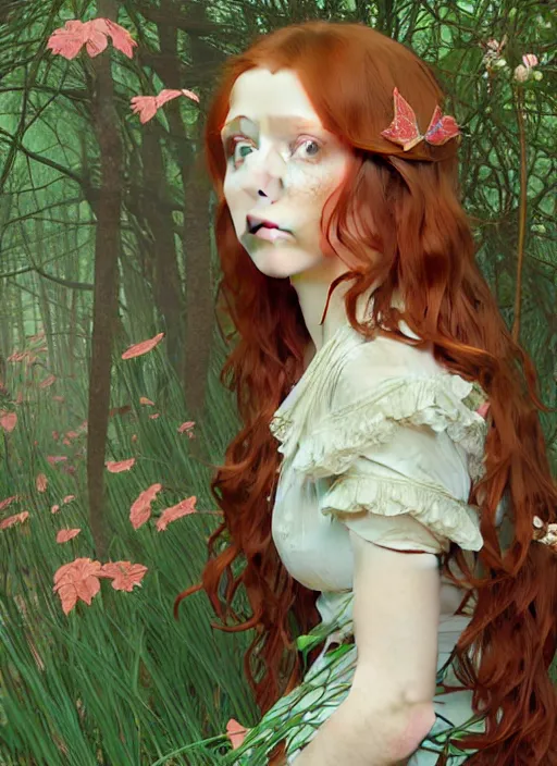 Prompt: pretty young woman resembling millie bobby brown with long red hair asleep in the forest, path traced, highly detailed, high quality, digital painting, by studio ghibli and alphonse mucha, leesha hannigan, hidari, art nouveau, chiho aoshima, jules bastien - lepage