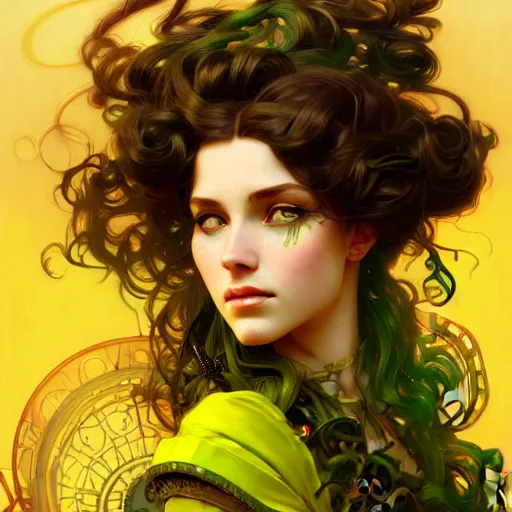 Image similar to a cinematic portrait scene female steampunk girl with long curly hair, yellow green background, intricate, elegant, highly detailed, digital painting, artstation, concept art, smooth, sharp focus, illustration, art by artgerm and greg rutkowski and alphonse mucha