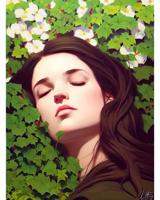 Image similar to stylized portrait of an artistic pose, composition, young lady sleeping sorrounded by nature, ivy's, flowers, one single head, realistic shaded, fine details, realistic shaded lighting poster by ilya kuvshinov, magali villeneuve, artgerm, jeremy lipkin and michael garmash and rob rey