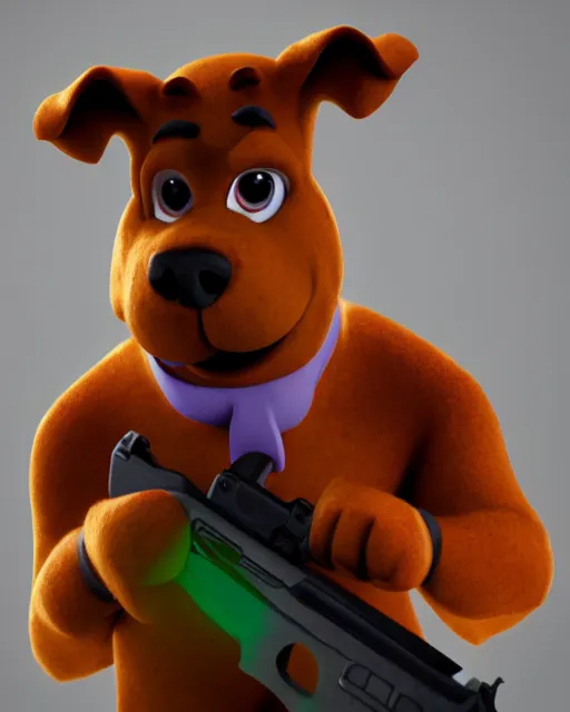 Prompt: Scooby Doo holding a gun, studio lighting, white background, blender, trending on artstation, 8k, highly detailed