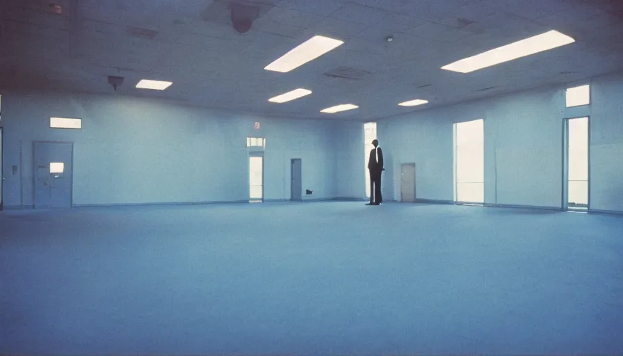 Prompt: 60s movie still of a sovietic stalinist style empty blue ballroom with one man standing, cinestill 800t 50mm eastmancolor, liminal Space style, heavy grain-s 150