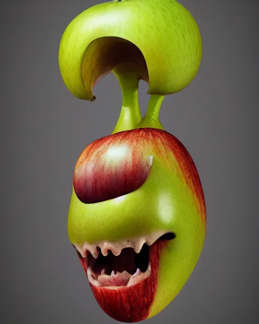 Prompt: a fruit figurine monster, apple head, banana hair, surrealist oil painting, highly detailed, dramatic lighting, hyperrealistic, 8 k, artstation, cgsociety