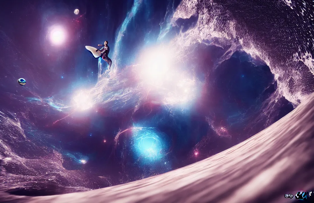 Image similar to surfing the waves of space by ben wanat ; cosmic, insane details, photography, unreal engine ;