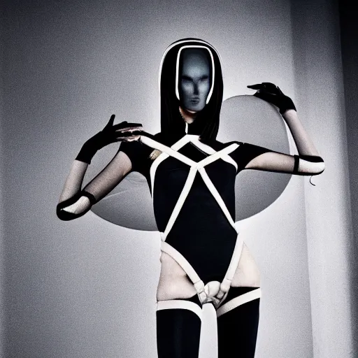 Prompt: fashion photography of an extraterrestrial model, wearing a gaz mask, wearing demobaza fashion, inside berghain, berlin fashion, harness, futuristic fashion, dark minimal outfit, photo 3 5 mm leica, hyperdetail, berghain, 8 k, very detailed, photo by nick knight