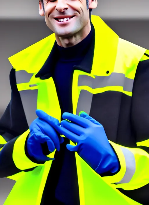 Prompt: emmanuel macron wearing hivis coat, hard hat and rubber gloves, digital art