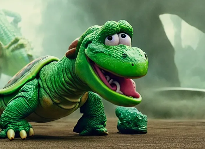 Prompt: film still of yoshi in the new sci - fi movie, upright dinosaur with a small turtle shell and long tongue, 8 k