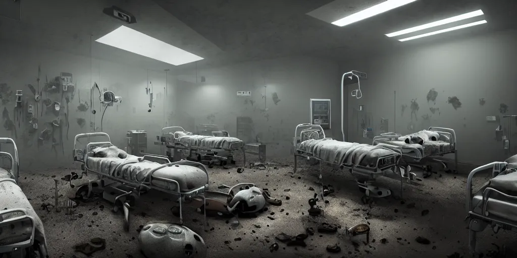 Prompt: a hospital room filled with iron lungs, skulls litter the ground, 1 6 k, photorealistic, cinematic composition, movie concept art, cinematic composition 8 k, intricate detail, high detail, hd, octane render, unreal engine, v - ray, cinematic lighting, octane, volumetric lighting, dark moody lighting, atmosphere, mist, fog, matte painting, extreme long shot