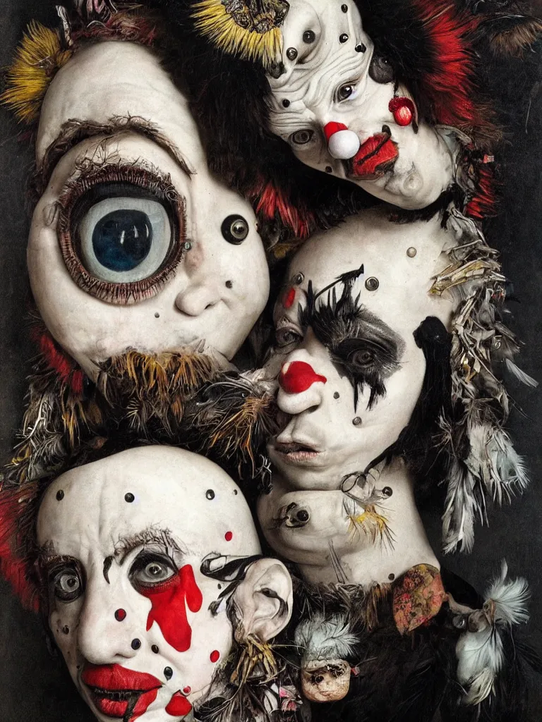 Image similar to Detailed maximalist portrait of a clown with cracked porcelain skin, dark doe eyes, a mouth like PJ Harvey, surrounded by black feathers and milk droplets, HD mixed media, 3D collage, highly detailed and intricate, surreal illustration in the style of Caravaggio, dark art, baroque