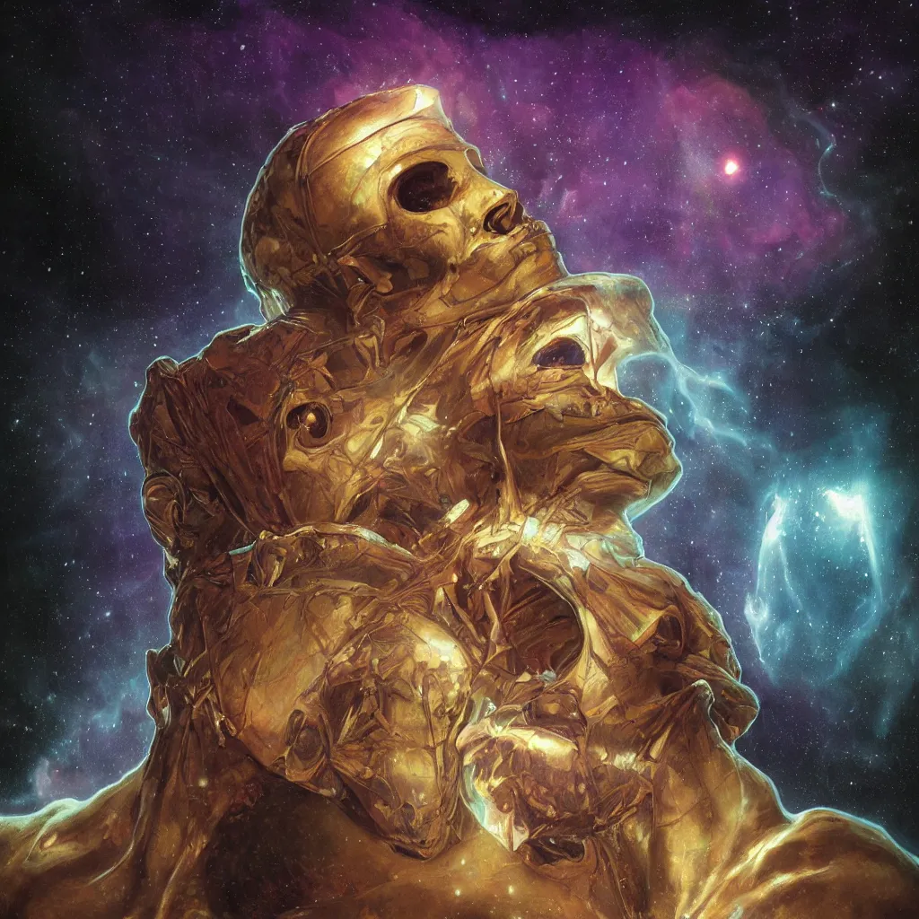 Prompt: intense glowing egyptian mummy god with ancient bandages and intense black eyes with a skull in very dark cosmic nebula by artgerm and beksinski and alphonse mucha, portrait, fantasy, clear, light beams, lens flare, intense, pharoah, uhd, amazing depth, cinematic lighting, black and purple and shining gold