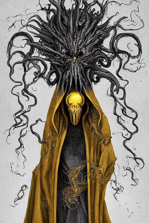 Image similar to A full body portrait of a mysterious character with no face with a very long hooded yellow cloak, a golden crown floating above his head, tentacles coming out the ground art by Shaddy Safadi and Jason Chan, ominous, cosmic horror, trending on artstation, Ultra detailed, hyper realistic 4k