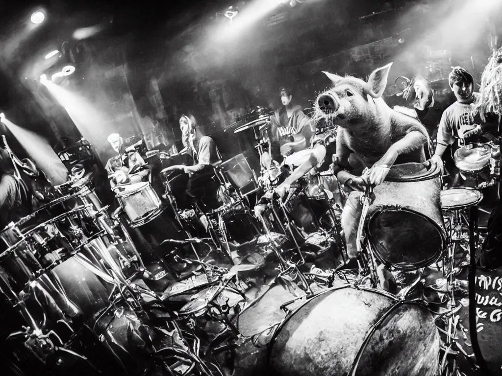 Image similar to a photograph of a pig dressing a smoking and playing drums in a stage of a grindcore show, bunnies doing a mosh pit in the floor