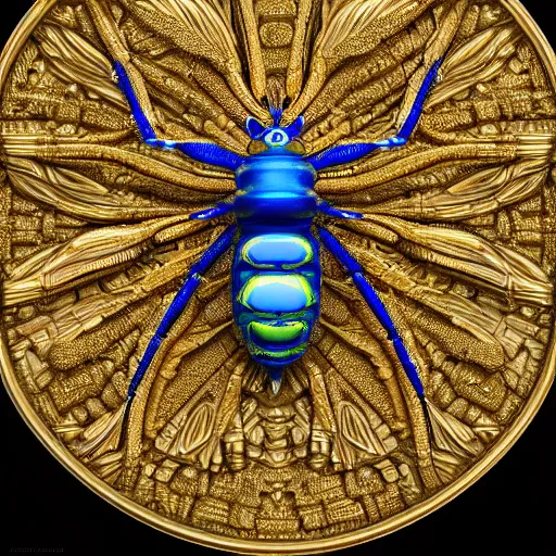 Prompt: A mandelbulb like gilded pendant insect, highly detailed and intricate, hyper realistic, yellow and blue, sci fi, artstation, octane render, 8k