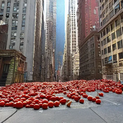 Image similar to 2 0 w 3 4 th st., new york, ny 1 0 0 0 1, united states destroyed by falling tomatoes photo realistic