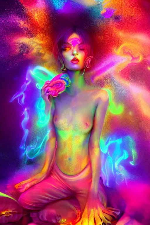 Image similar to a gorgeous girl engulfed in colorful liquid clouds and neon smoke, extremely psychedelic experience, psilocybin, dmt, lsd face, highly detailed, artstation, concept art, digital art by hana yata, and artem demura and beeple, octane render, unreal engine, 8 k