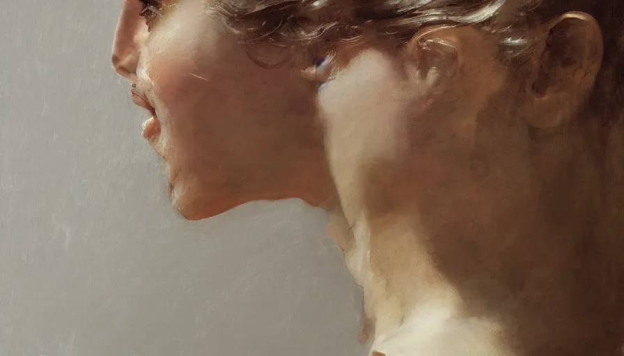 Prompt: norman rockwell, andrew wyeth, portrait of an young beautiful woman, close up of the face, hair, paint texture, 3/4 back view head, low contrast, highly detailed, sharp focus, digital painting, concept art, illustration, trending on artstation, portrait by greg rutkowski