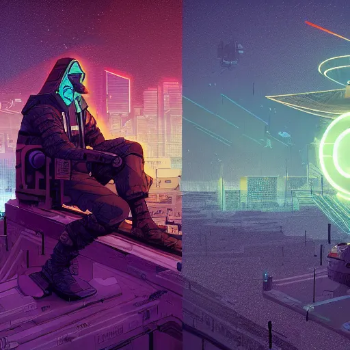 Image similar to a cyberpunk explorer meditating next to a floating triangular glowing monolith with one eye, highly detailed, midnight, by josan gonzalez and max prentis, 8 k wallpaper