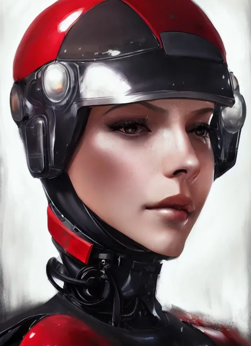 Image similar to Portrait of a female mech pilot in a black latex bodysuit, by Charlie Bowater, Ross Tran, WLOP, highly detailed, monotone, red highlights