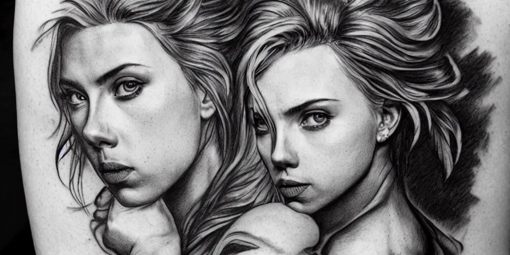 Image similar to realistic tattoo designs drawn on paper, dark, moon, visage scarlett johansson, delicate, hyper realism, tim burton, ink, ultra realistic, 8 k