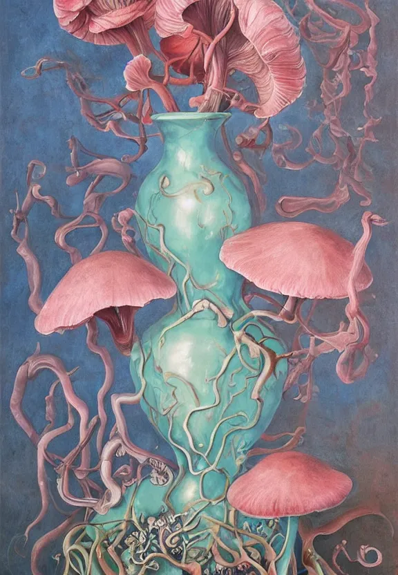 Prompt: a biomorphic painting of a vase with flowers and eyeballs in it, a surrealist painting by marco mazzoni, by dorothea tanning, pastel blues and pinks, blue oyster mushrooms, featured on artstation, metaphysical painting, oil on canvas, fluid acrylic pour art, airbrush art, seapunk, rococo, lovecraftian