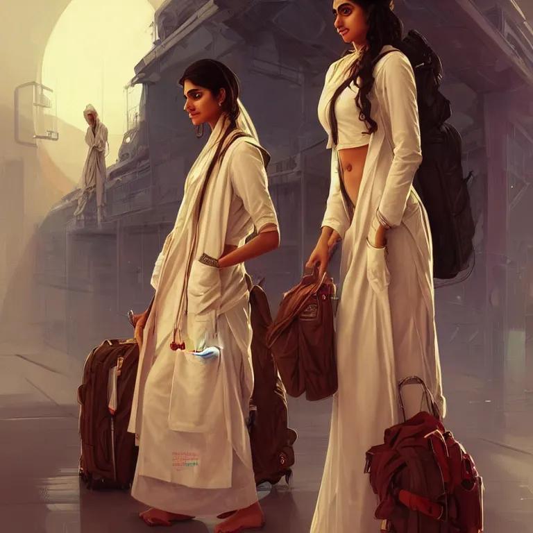 Image similar to Anxious pretty young Indian doctor in modern clothes waiting at the airport, portrait, sci-fi face, elegant, highly detailed, digital painting, artstation, concept art, smooth, sharp focus, illustration, art by artgerm and greg rutkowski and alphonse mucha