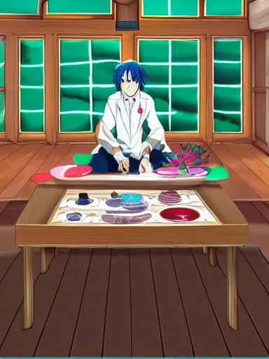 Image similar to anime screenshot of a powerful magician in his laboratory. magical artefacts in the table, bushs of flowers growing in the roof and floor