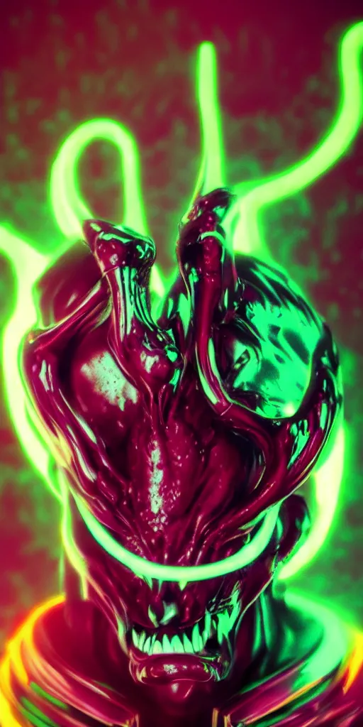 Image similar to synthwave demonic alien face with neon horns, detailed face, sharp focus, synthwave art, aesthetic, octane render, raw, cinematic