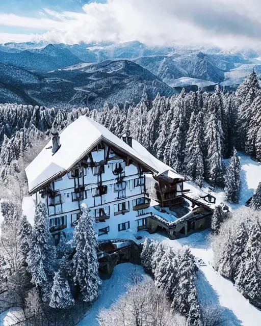 Prompt: hidden mansion in the alps with snow covered roof, zoomed out, shot from drone, iphone capture