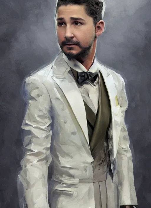 Image similar to a professional painting of Shia LaBeouf as a beautiful young prince, wearing an origami high fashion tuxedo, olive skin, buzzed short dark hair, beautiful bone structure, symmetrical facial features, intricate, elegant, digital painting, concept art, smooth, sharp focus, illustration, from Metal Gear, by Ruan Jia and Mandy Jurgens and Artgerm and William-Adolphe Bouguereau