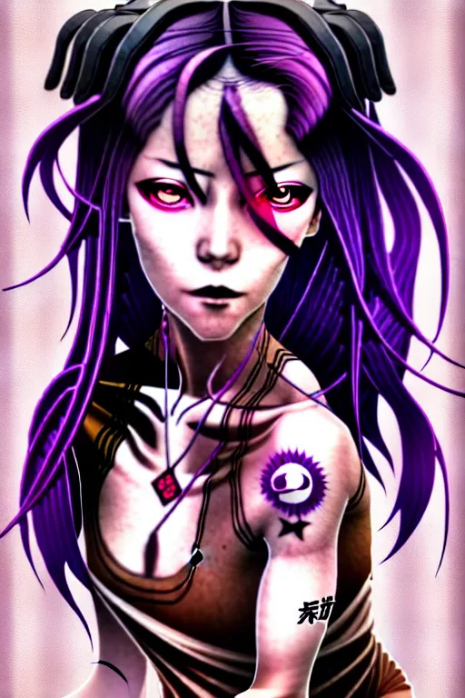 Image similar to a portrait of dilraba dilmurat as revy from black lagoon, smirk, black tank top, jean shorts, brown eyes, purple hair, tribal tattoo sleeve right arm, symmetrical eyes, symmetrical face, art by lois van baarle and loish and ross tran and rossdraws and sam yang and artgerm