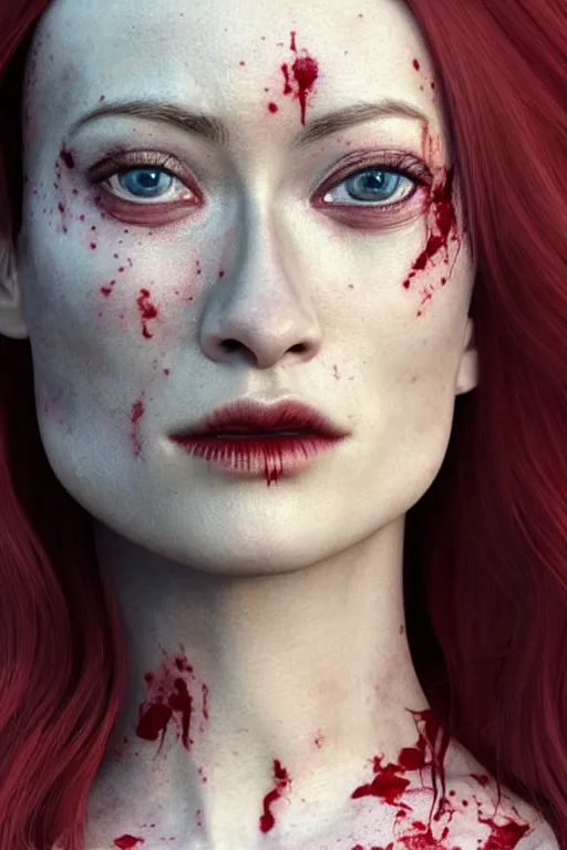 Prompt: pale woman covered with blood, olivia wilde face!!!, red hair, skeleton tattoo!, close up portrait, highly detailed face, ultra realistic, concept art, intricate details, 4 5 mm. photorealistic, octane render, 8 k, unreal engine. film still, heavy grain, 3 5 mm, art by artgerm and greg rutkowski and alphonse mucha