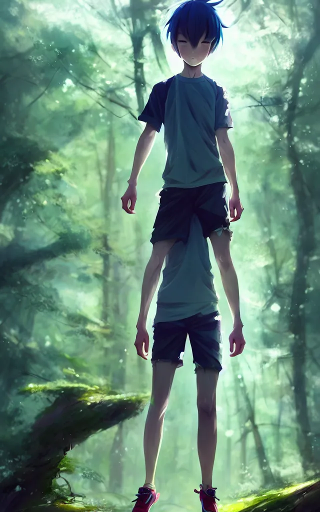 Prompt: a beautiful fullbody portrait of a cute anime boy wearing sport clothing and leggings under shorts barefoot in a forest. character design by cory loftis, fenghua zhong, ryohei hase, ismail inceoglu and ruan jia. artstation, volumetric light, detailed, photorealistic, fantasy, rendered in octane