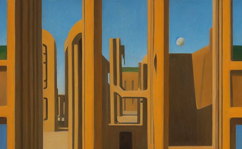 Image similar to first person view of a stark concrete maze, people peering into portholes, grant wood, pj crook, edward hopper, oil on canvas