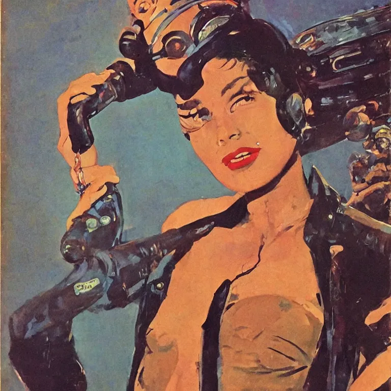 Image similar to scifi portrait of old blues singer by Robert McGinnis, pulp comic style, circa 1958, photorealism