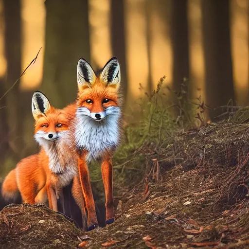 Image similar to ultradetailed portrait of a fox family in a forrest, sunset