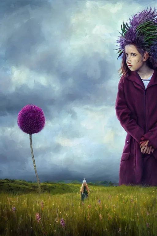 Prompt: portrait, enormous thistle flower under head, a girl in a coat in field, surreal photography, wind, cloudy sky, dramatic light, impressionist painting, digital painting, artstation, simon stalenhag