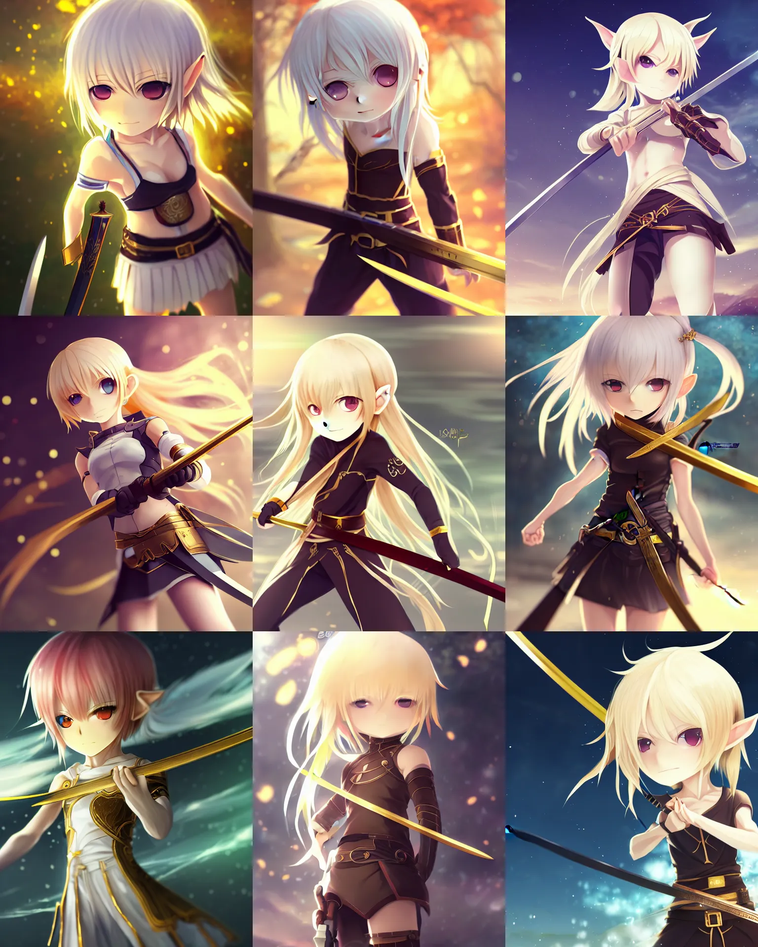 Prompt: chibi, cute, female, full body, elf girl with white skin and golden hair holding a katana, stunning art style, trending art, sharp focus, centered, fate zero, extremely high detailed, bokeh color background, studio ghibly makoto shinkai yuji yamaguchi, by wlop