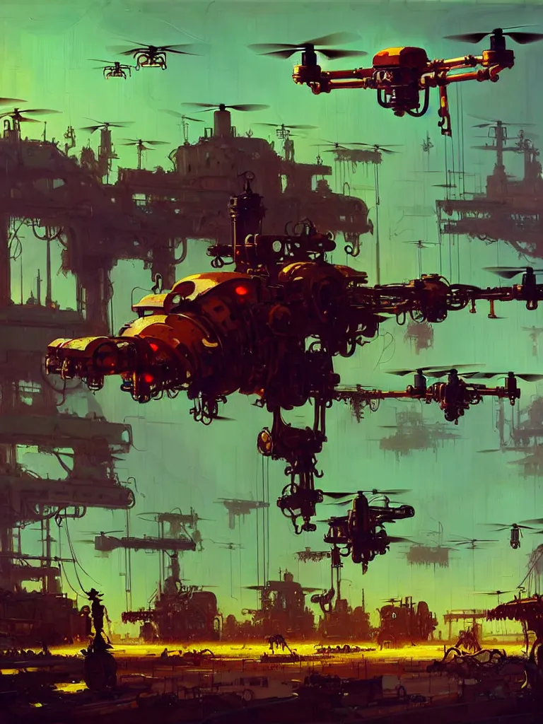 Image similar to dieselpunk concept art of a mechanised farm with drones and mechas working on it, grimy, gritty, dieselpunk trending on artstation, award winning painting, cgi, art by john berkey and anton fadeev and john howe and simon stalenhag