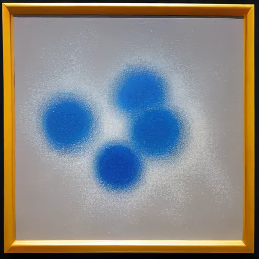 Image similar to white bubbles inside an orange, yellow, blue, abstract emulsion, oil on canvas