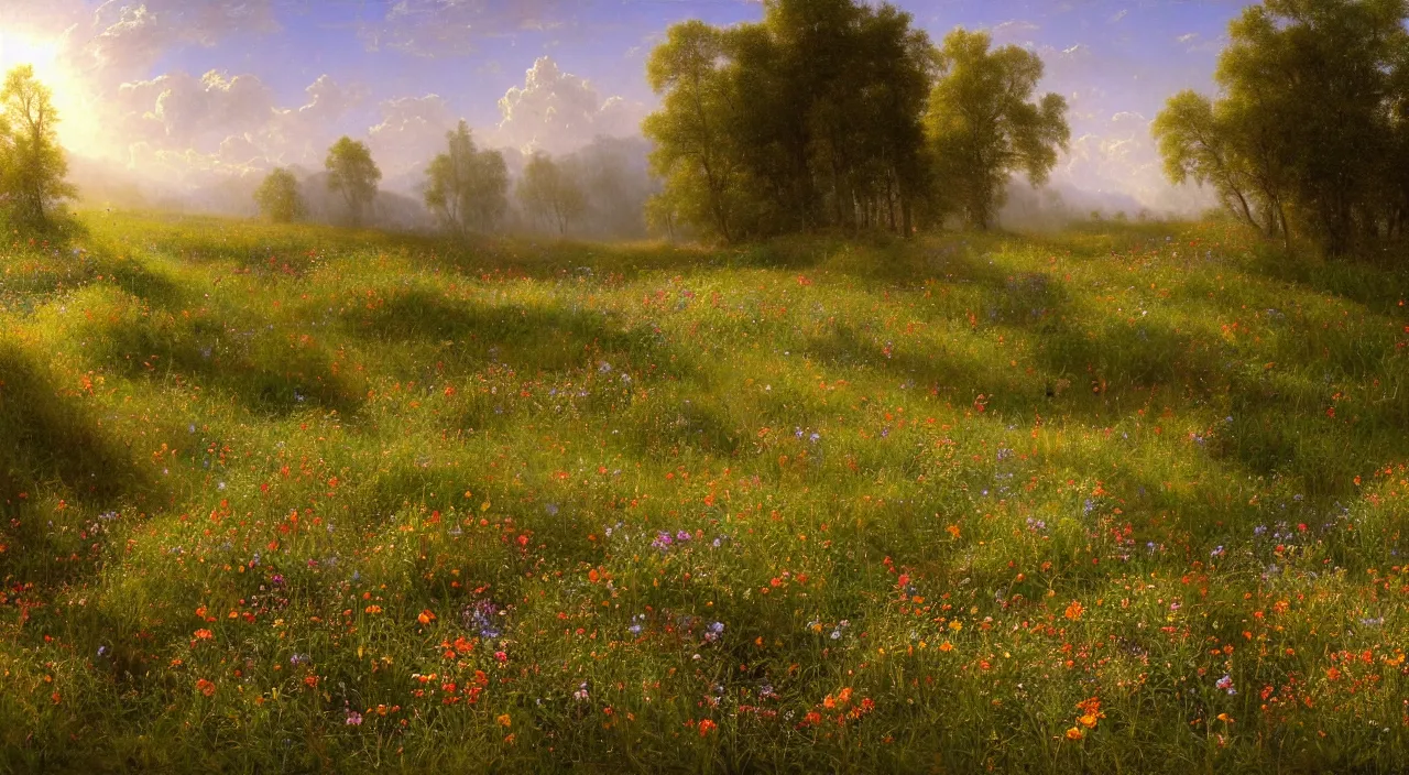 Image similar to rhythmic interval tectonic surfaces as resonant waves of harmonic organic mystical megastructure crystal lattices in a meadow full of wildflowers by albert bierstadt, by glen small, photorealistic, god rays, octane, depth of field,