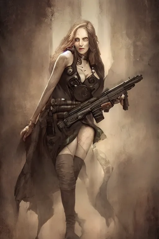 Prompt: a woman with a gun in her hand, a character portrait by Bastien Lecouffe-Deharme, cgsociety contest winner, gothic art, gothic, apocalypse art, steampunk