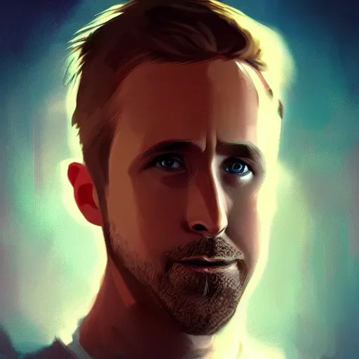 Image similar to “Portrait of Ryan Gosling by Greg Rutkowski, young, attractive, highly detailed portrait, scifi, digital painting, artstation, concept art, smooth, sharp foccus ilustration, Artstation HQ”