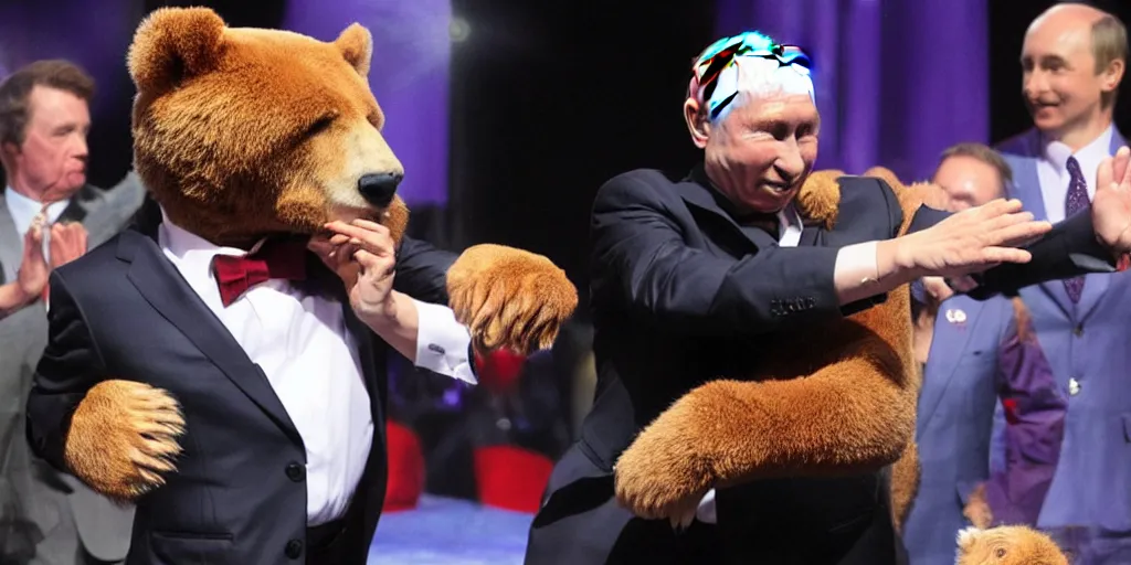 Image similar to vladimir putin disco dancing with a bear