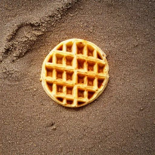 Image similar to an eggo waffle in the sand on the beach, high quality photograph, sigma 8 5 mm f / 8