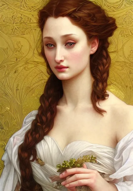 Image similar to sansa angeline jolie, intricate, elegant, highly detailed, digital painting, artstation, concept art, smooth, sharp focus, illustration, art by artgerm and greg rutkowski and alphonse mucha and william - adolphe bouguereau