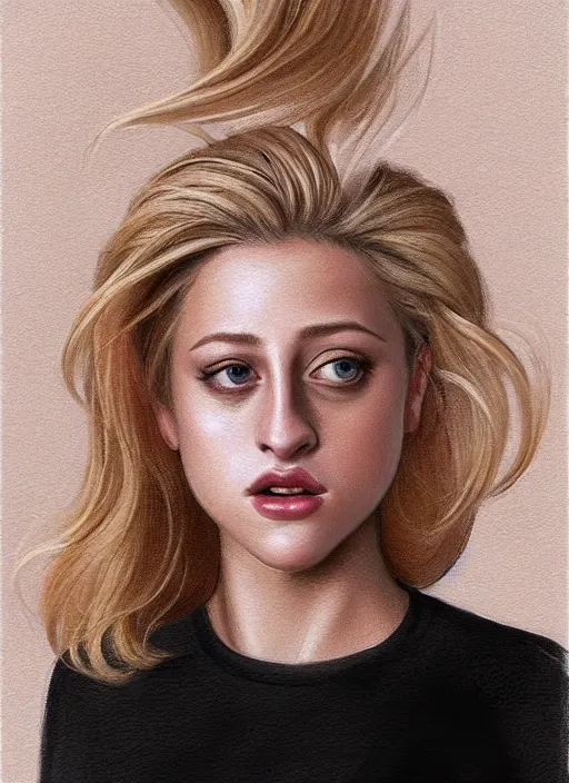 Image similar to full body portrait, teenage lili reinhart, blonde hair, obese, bangs, ponytail, sultry, realistic, sultry, fluffy bangs, shirt, curly bangs, fat, belly, intricate, elegant, highly detailed, digital painting, artstation, concept art, smooth, sharp focus, illustration, art by wlop, mars ravelo and greg rutkowski